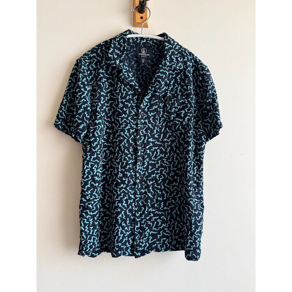 Volcom black & teal squiggle button-up top Youth 10-12